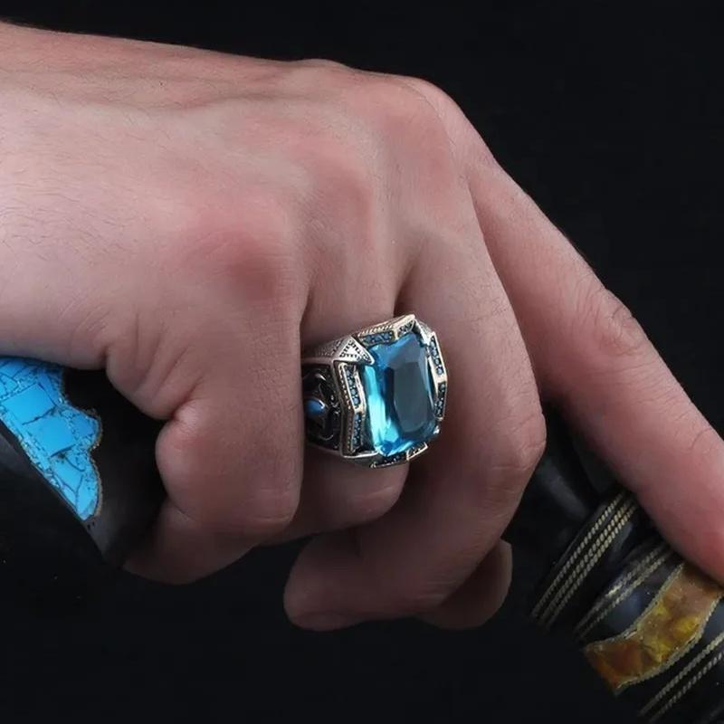 Men's Rings With Square Gemstones In Various Colors, Colored, Blue, Yellow, Suitable For Everyday Wear
