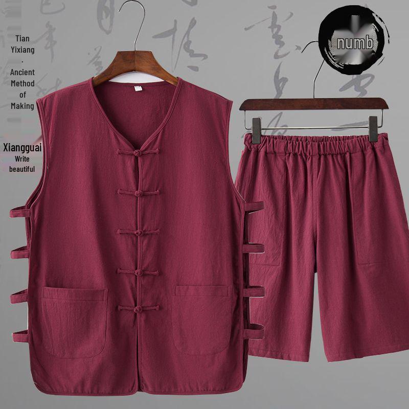 Sleeveless Mandarin Cotton-Linen Vest for Middle-Aged and Elderly Men