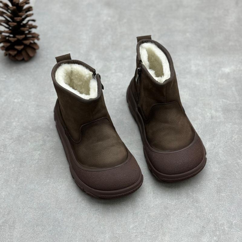 Johnature Handgefertigte Damen-Kurzstiefel aus echtem Leder mit runder Zehenpartie, flachem Boden, verdickt, warm gefüttert mit Wolle, Schneestiefel