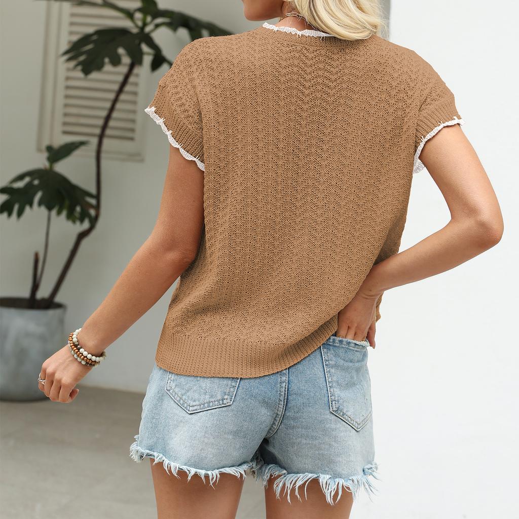 Damen Schnür-Cardigan Colorblock Mode Kurzarm Pullover Top
