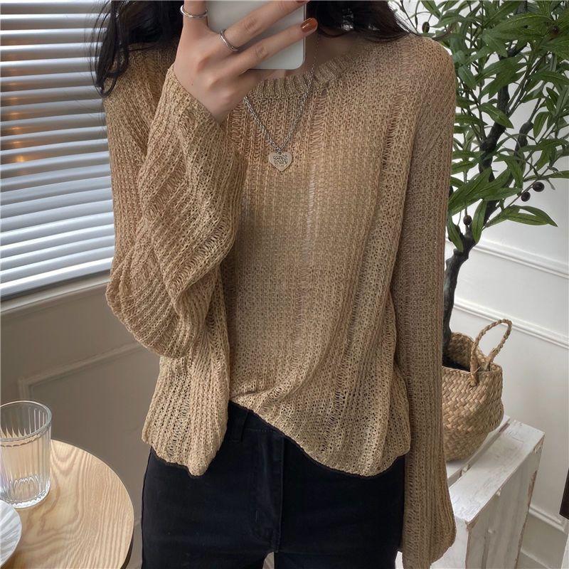 

Autumn Korean Style Hollow Out Knit Cardigan Women s Lazy Loose Outer Wear Thin Pullover Long Sleeve Sweater Fashionable S хакі