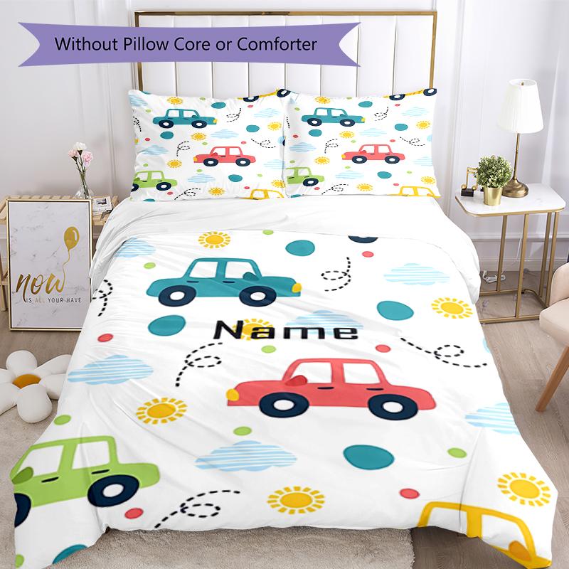 3pcs Custom Name Cute Cars Bedding Set Duvet Cover Closure Includes 1 Duvet Cover & 2 Pillowcases, Soft and Comfortable for All Seasons.