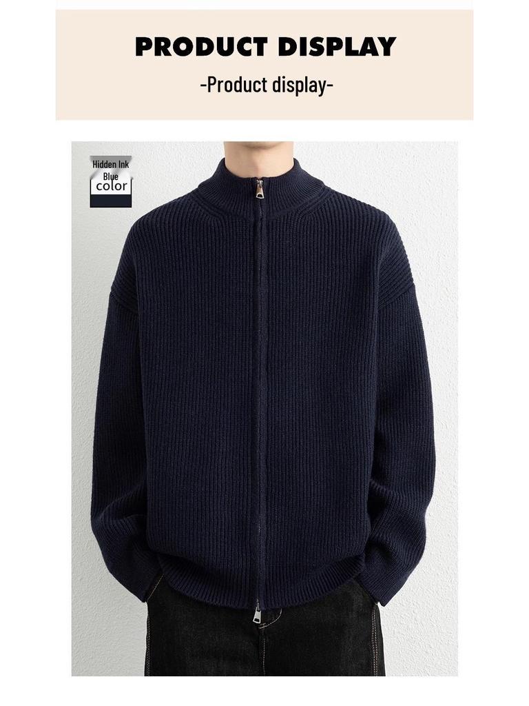Men's Stand Collar Double Zipper Cardigan Sweater - High-End Lazy Style for Autumn and Winter