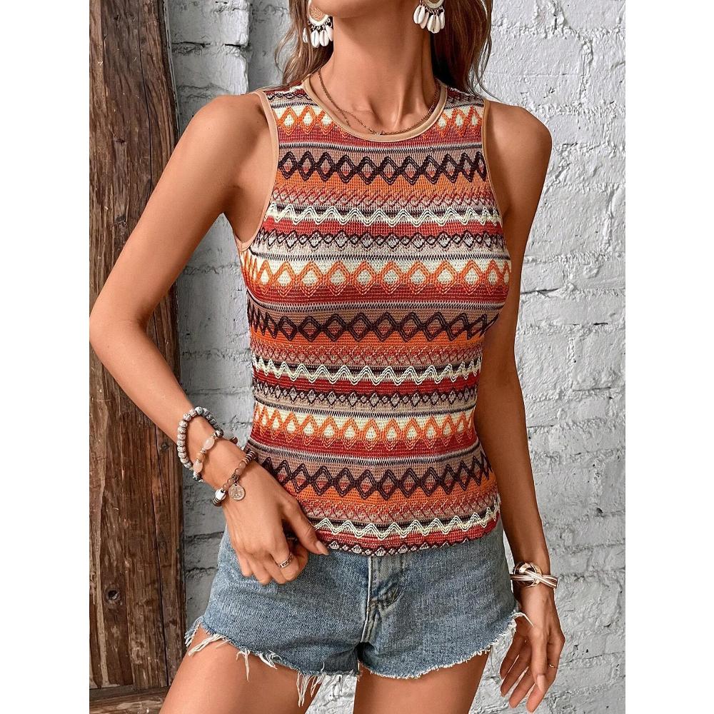 Women's 3D Striped Printed Sleeveless T-shirt, Round Neck Off Shoulder Casual Elegant Vest, Y2K Sleeveless T-shirt, Women's Clothing
