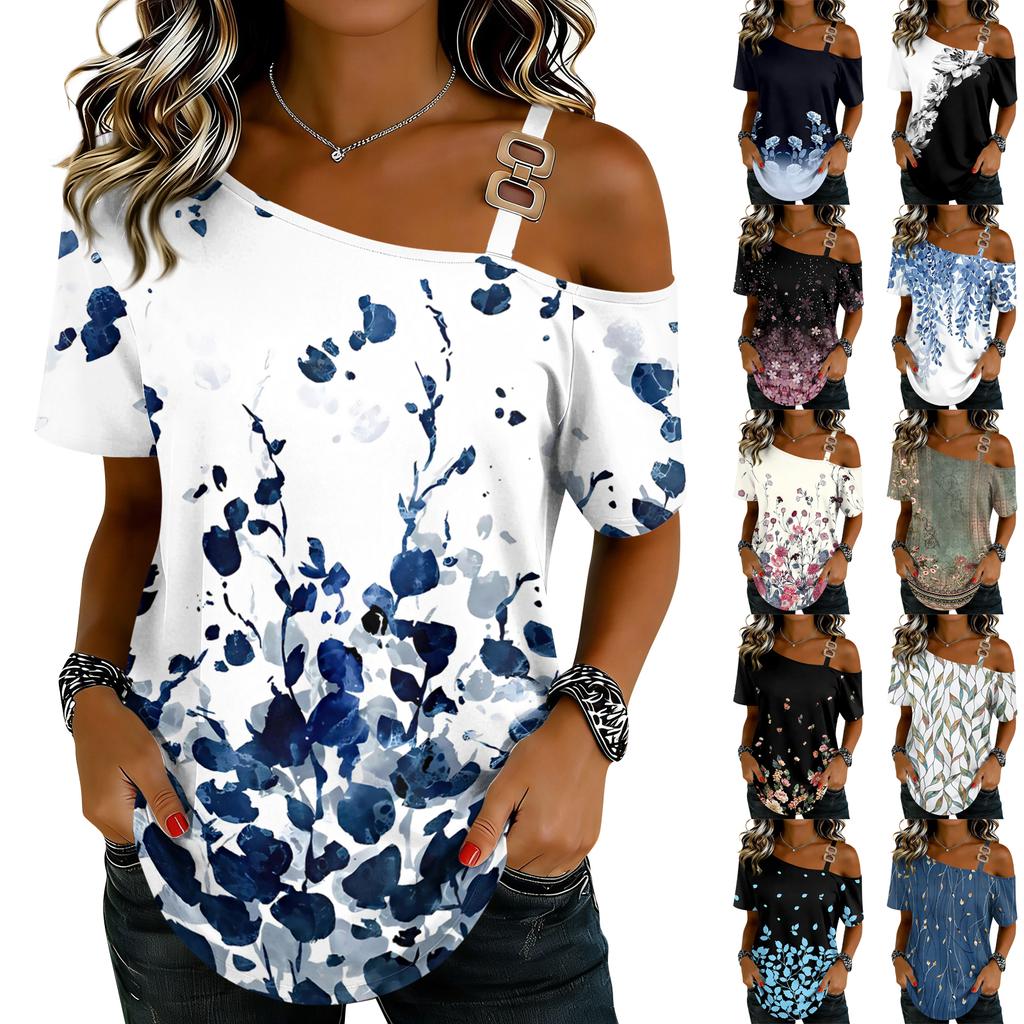Women's Fashion Casual Print Sexy Off-the-shoulder Short Sleeve T-shirt Top