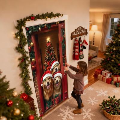 Christmas Door Decorations Covers 2D Winter Holiday Party Background Christmas Door Wrap for Indoor Outdoor Home Kitchen Party