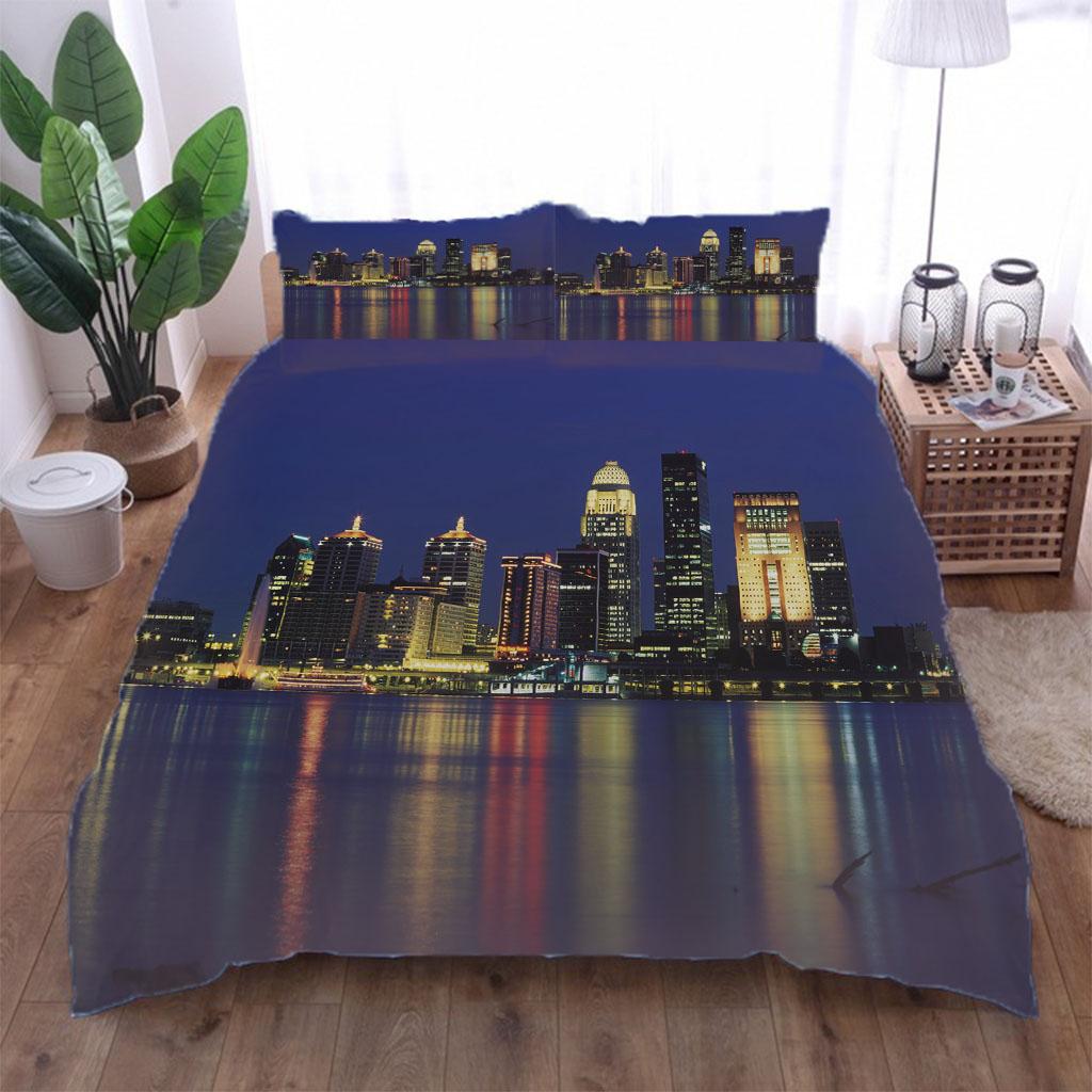 King Queen Duvet Cover City Scenery 3D Single Double Quilt Cover Polyester Bedding Collection For Kids Teens Adults With Pillowcase