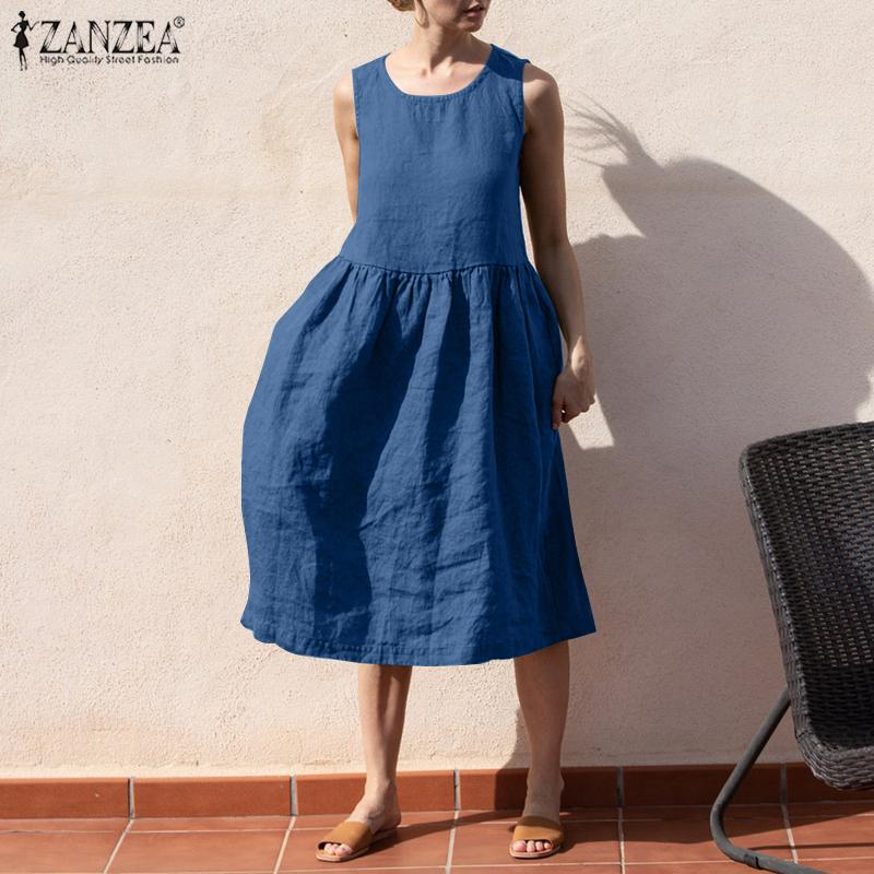 

ZANZEA Женщины Повседневный O-образный вырез Без рукавов Платье Сплошной цвет Лето Свободное хлопковое платье