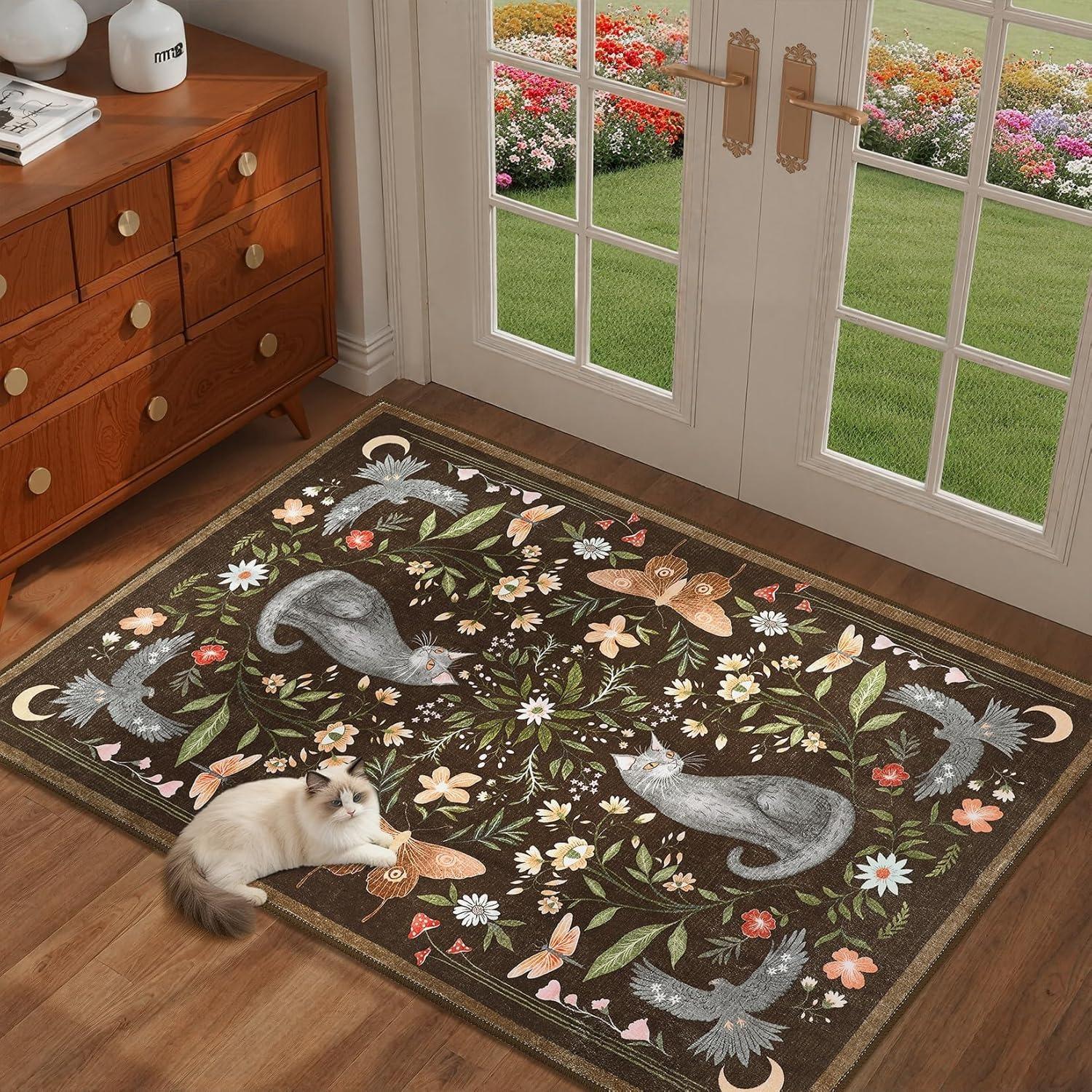 

Vintage Botanical Cat Door Mat Whimsical Black Cat Floral Bird Print Non-Slip Entryway Rug Cottagecore Themed Floor Carpet 40x60cm