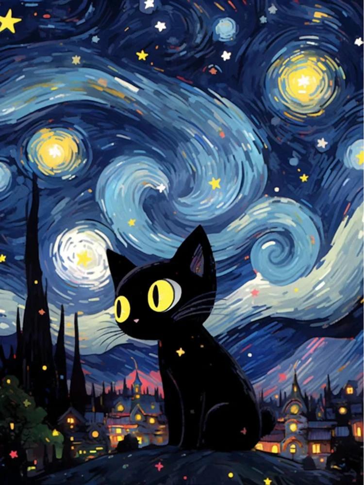 Abstrakt Stjärnhimmel och Svart Katt Affischer och Tryck Canvas Målning Väggkonst Bilder För Vardagsrum Hem Mural Dekoration Gåva