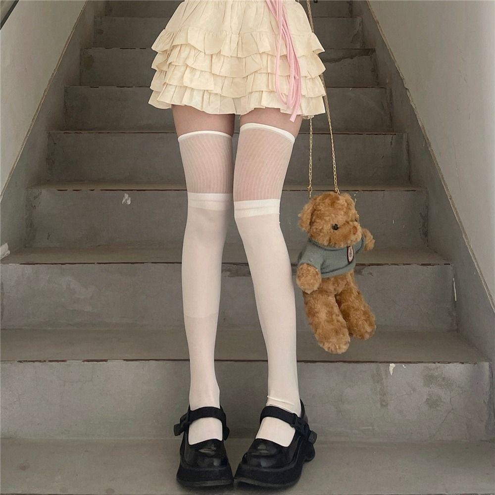 Spring And Summer Thin Lolita White Silk Vertical Striped Stockings Pure Lust Jk Hot Girl Black Silk Splicing Thin Knee Socks