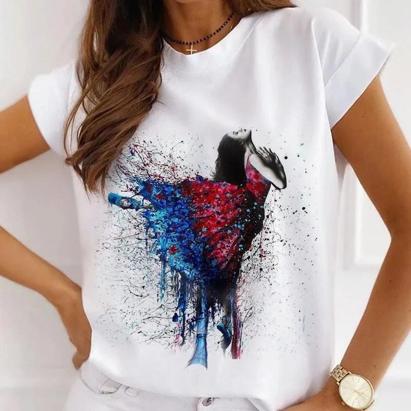 Stylish African Womens Watercolor Ballerina Girl Cute Cartoon Short Sleeve Tshirt Summer Tops Vintage Clothes Oversized Tee