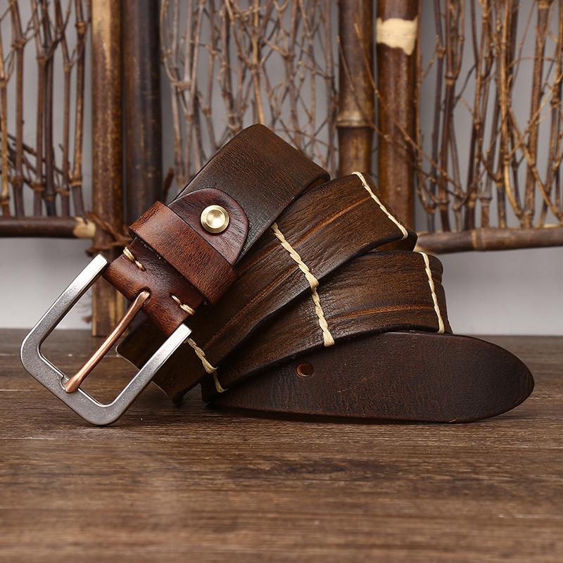 Thick Thread Decorative Genuine Leather Pure Cowhide Personality Trendy Versatile Men's Pin Buckle Jeans Belt
