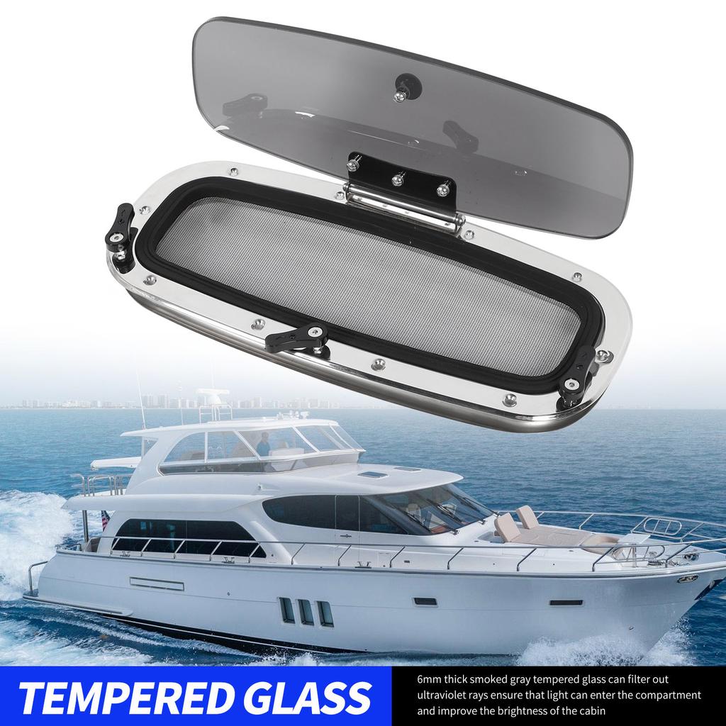 Boat Porthole Stainless Steel 18.11 X 7.87in Waterproof Smoke Grey Glass Inward Opening Portlight Window with Screen and Handle