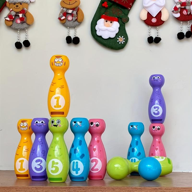 Cartoon bowling set with 10 pins & 2 balls, fade-proof printed patterns, gift box packed as holiday presents