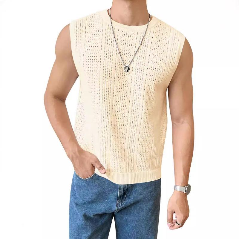 

Summer Men s New Solid-color Knitted Sweater, Fashionable Sleeveless Top, Perforated Breathable Round-neck Casual Vest XXXL абрикосовый
