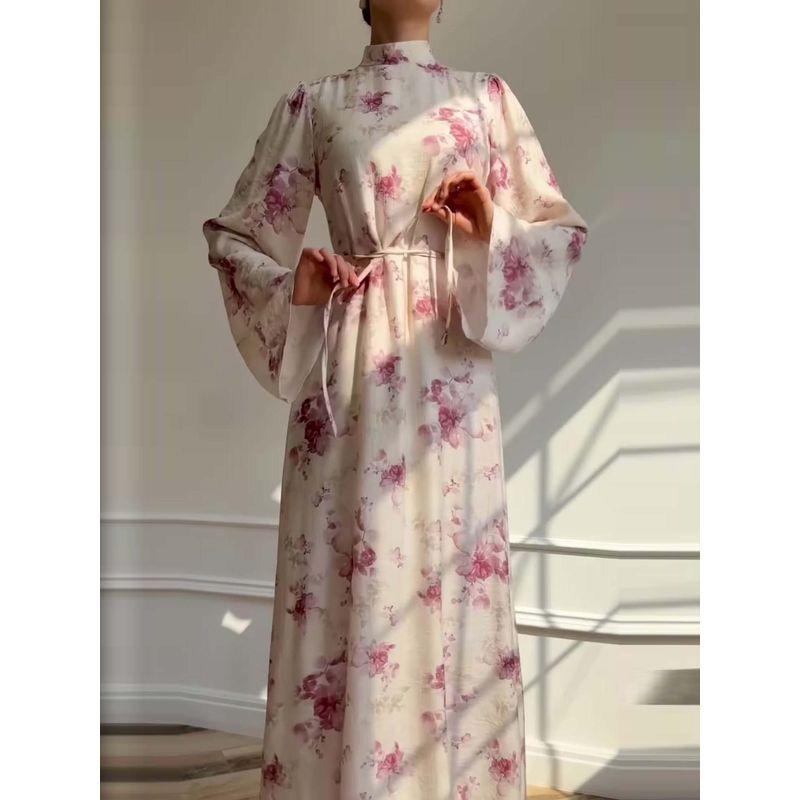 

European and American Autumn New Slim fit Lace-up Print Gentle Lantern Sleeve Dress Long sleeve Long dress Women Pink S