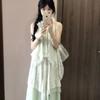 French Sweet Style Sleeveless Neck Dress Temperament Slimming Lace Splicing Flower Long Women