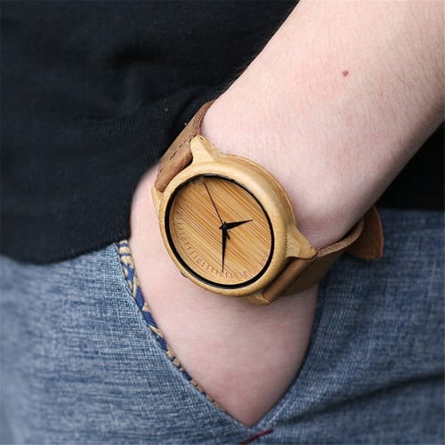 COOFEEL Wooden Watch, Bamboo Wood Watch, Women's and Men's Analog Watch with Genuine Leather Band, Natural Wood, Christmas Gift (Thin Hands, Men's Wat