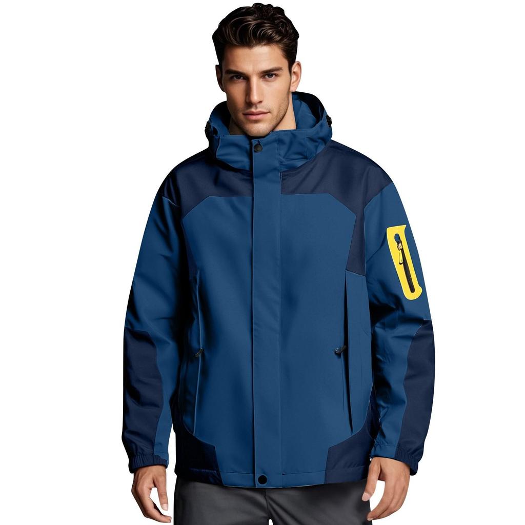 Men Solid Stripe Rain Jacket Outdoor Plus Waterproof Hooded Raincoat Windproof