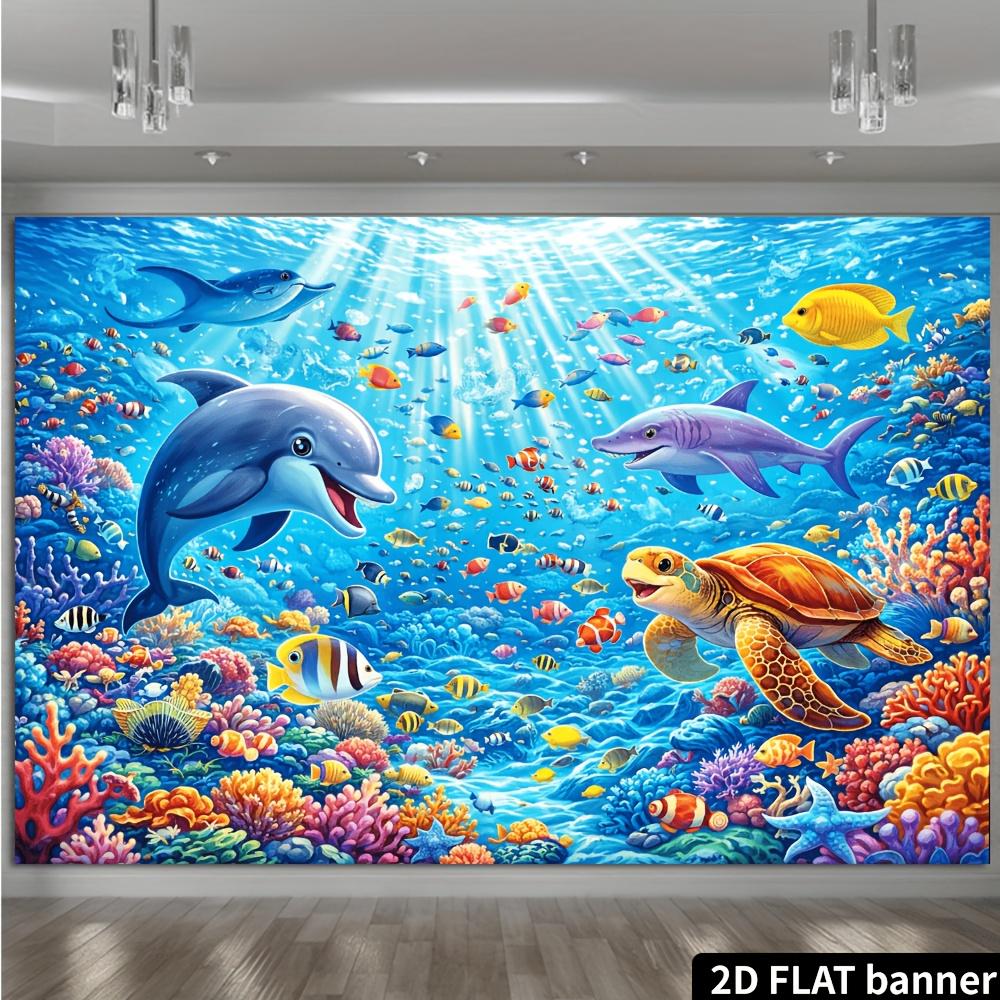 Sfondo per festa subacquea 2D con tema vita marina con delfini squali tartarughe marine pesci tropicali e coralli
