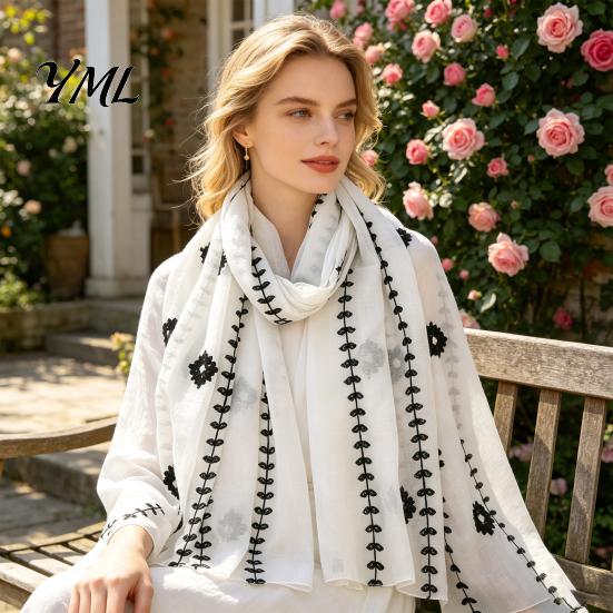 Breathable Sun Protection Shawl Solid Color Embroidered for Women, Lightweight Soft Gauze Scarf with Floral Versatile Waist Accessory Vine Texture,