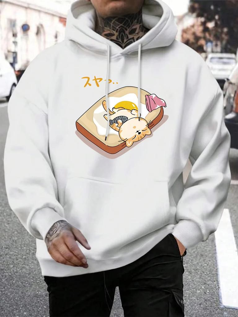 2025 Cartoon Cat Egg Toast Bread Printing Men Hoodie All-Match Autumn Streetwear Comfortable Loose Hoody Fleece Pocket Pullover