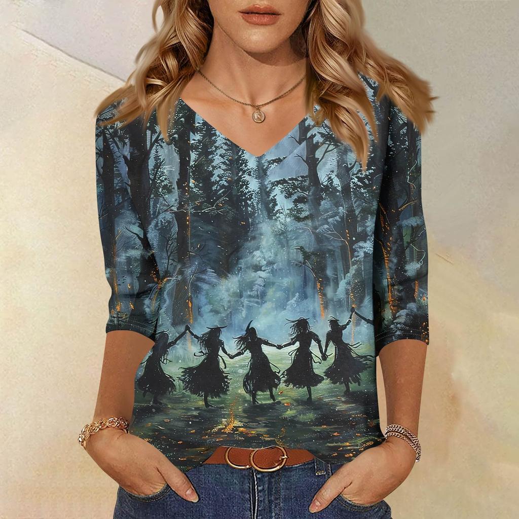 Damenoberteile Dreiviertelarmhemd V-Ausschnitt Lockeres Freizeitshirt Druck T-Shirt