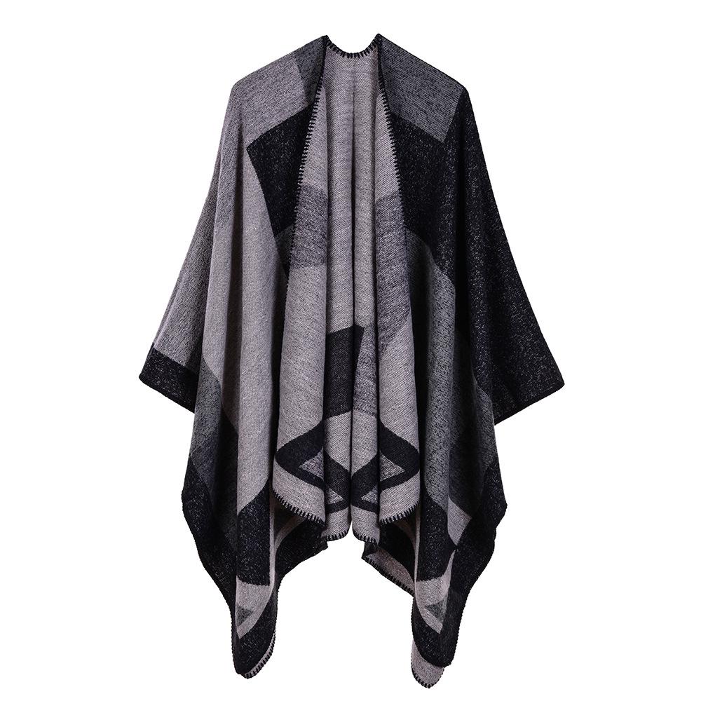 Versatile Plaid Women's Faux Cashmere Shawl: Ethnic Style Slit Cape for Autumn/Winter