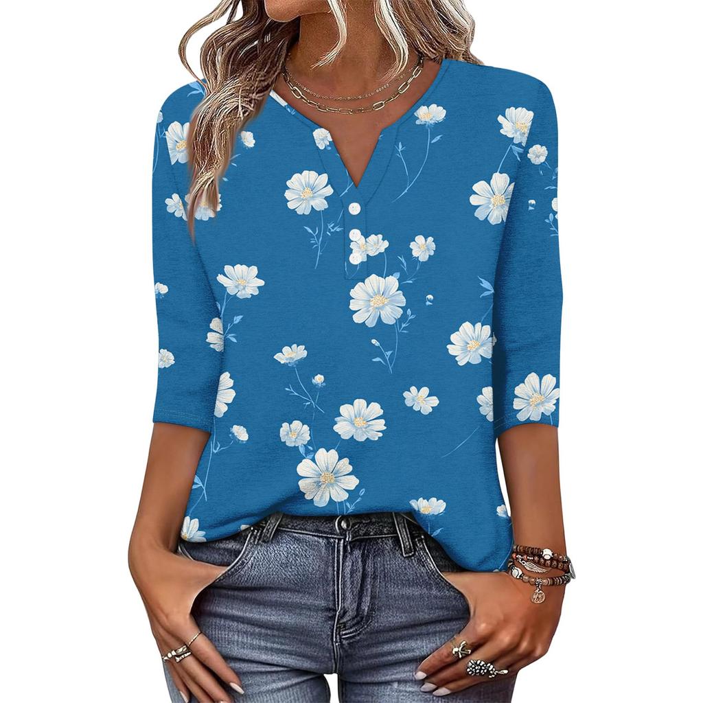 Women's Fashionable Casual Retro Floral Print V-Neck Button-Down Three-Quarter Sleeve T-Shirt Top