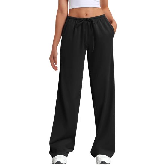 Women Pants Elastic High Waist Wide Leg Casual Trousers with Adjustable Drawstring Pockets Pure Color Loose Fit Long Pants