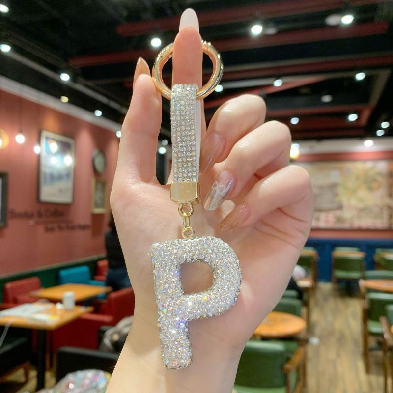Trendy Letter Key Ring Sparkly Crystal Rhinestone Decor Keychain for Women Purse Car Key Accessory Gift