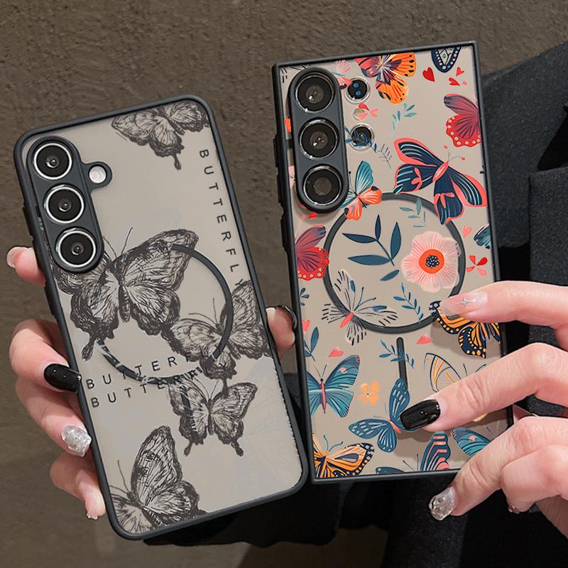 Creative Butterfly Flowers Pattern Case For Samsung Galaxy S26 Ultra S25 Edge S24 Plus S23 S22 S21 FE Magnetic For Magsafe Matte Cover