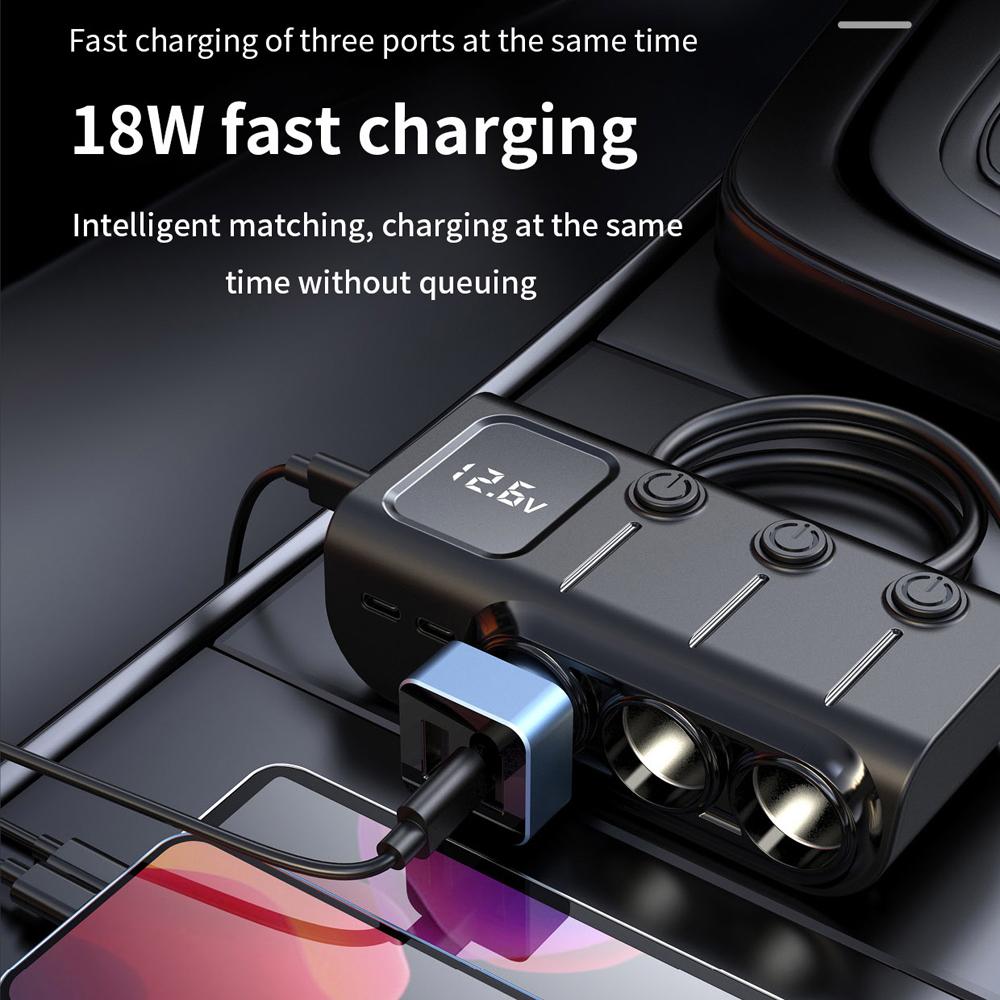 Car Chargers 120W Quick Charging Adapter 3 Socket Power Splitter 12 24V with 3 USB Ports+2 Type C Ports Volatge Display