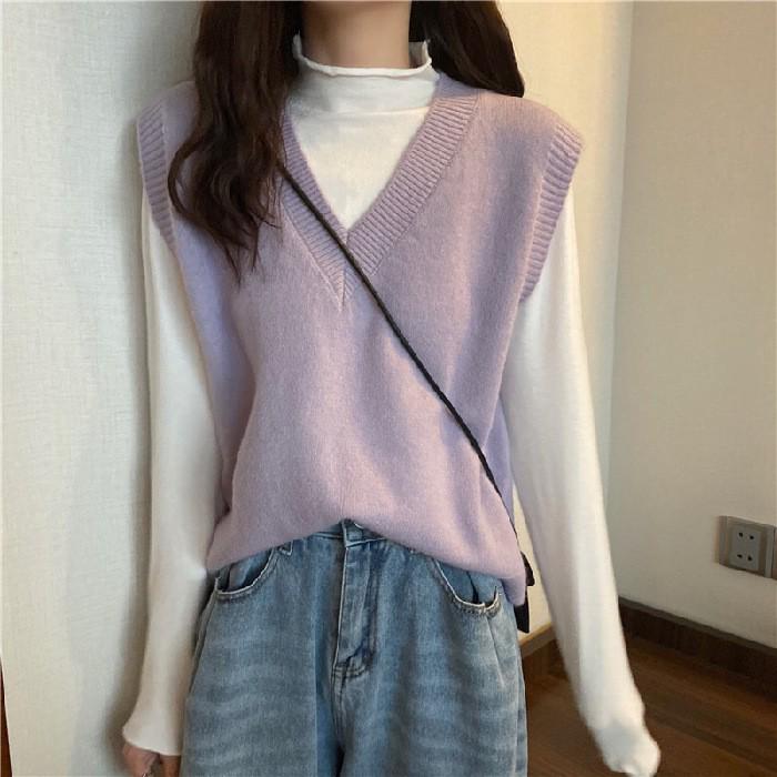 Damen Strick V-Ausschnitt Ärmelloser Pullover Weste - Lockere Passform, Unifarbe für Frühling und Herbst.
