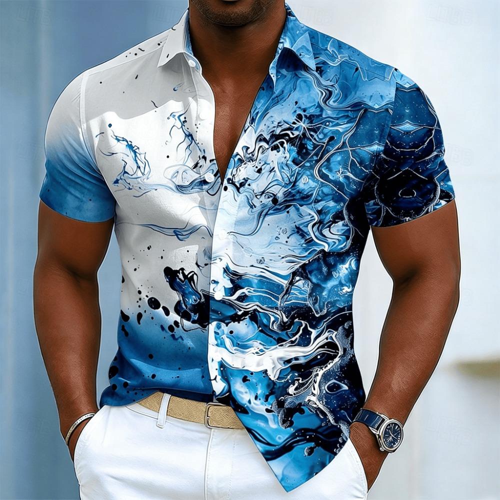 Men's ink swirl art print short-sleeve shirt, spring and summer casual abstract flowing pattern with buttons