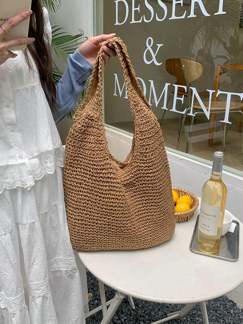 FLYING STARS Brand Vacation Women s Straw Woven Bag Fashionable Chinese Style Shoulder Bag Large Capacity Tote Bag Woven Handbag 38cmX30cmX5cm