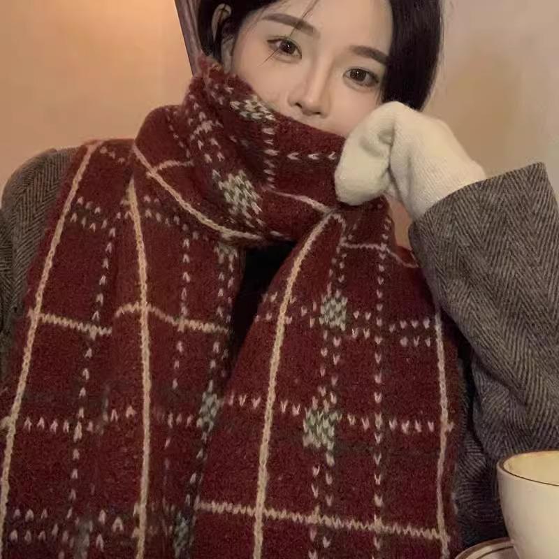 New New Year's Christmas atmosphere red scarf women's winter retro warm versatile wool knitted scarf