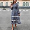 Women Autumn Winter O Neck Lantern Sleeve Lace High Waist Pleated Printed Dress