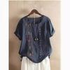 Embroidered Pullover Cotton and Linen T-shirt Round Neck Short-sleeved Loose All-match Blouse Summer Cotton and Linen Shirt