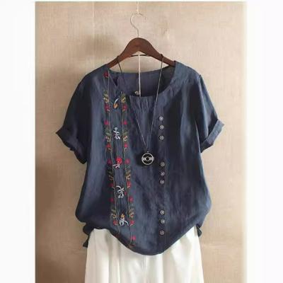Pull Brodé Coton et Lin T-shirt Col Rond Manches Courtes Coupe Ample Polyvalent Blouse Été Chemise Coton et Lin