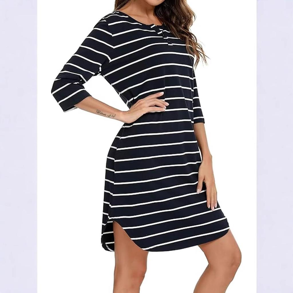 European and American spring new crew neck striped five-quarter sleeve casual versatile dress