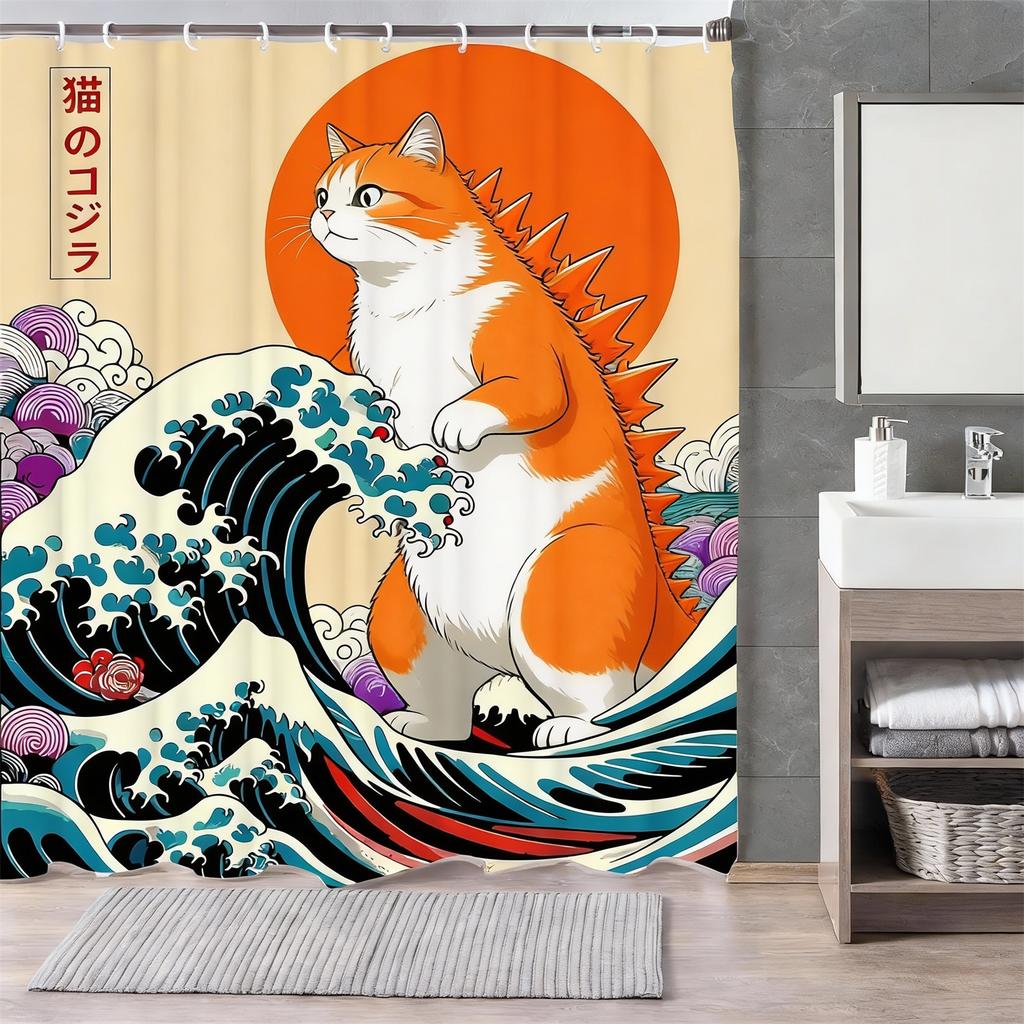Japanese Cat Shower Curtain, Vintage Anime Sunset Wave Art, Waterproof Fabric with Hooks