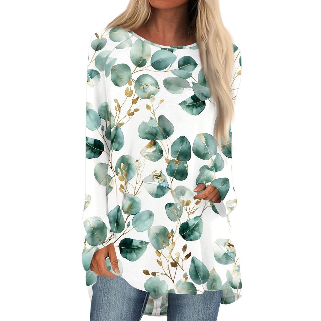 Women's Fashion Casual Long Sleeve Print Round Neck Pullover Top Blouse