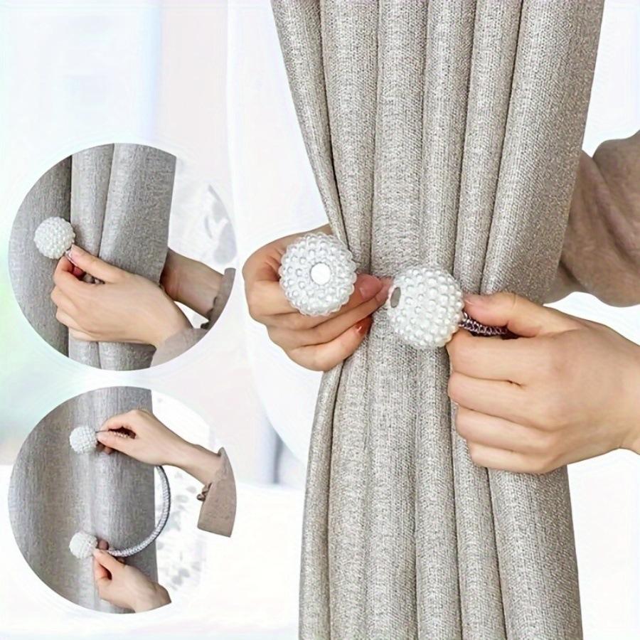 Magnetic Curtain Tiebacks Pearl Ball Elegant Woven Rope Curtain Holdbacks Magnet Drapery Tie Back Clips Curtain Holder for Living Room Bedroom Home