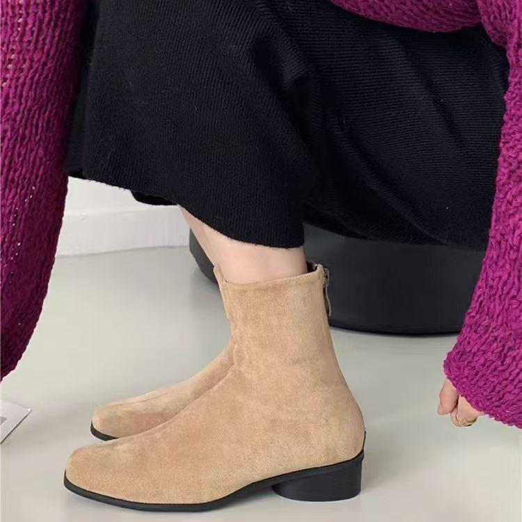 Fleece thin boots 2025 new autumn and winter short boots thick heel versatile foreign style suede Korean women's shoes small ankle boots