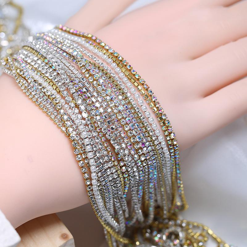 25Cm Long Luxury Crystal Pearl Chain Nail Charms 1.5/2Mm Shining Clear Diamond Nail Art Metal Glass Manicure Crystal Nail Charm