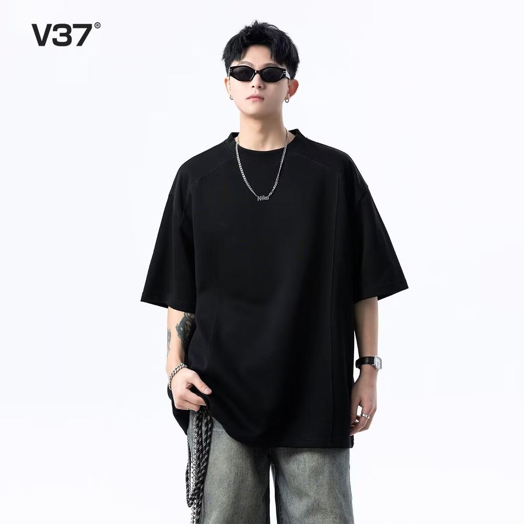 2025Summer Korean Style Loose Round Neck Textured Short Sleeve Padded Shoulder Simple Solid Color Half Sleeve Unisex Trendy Basic Base Shirt t