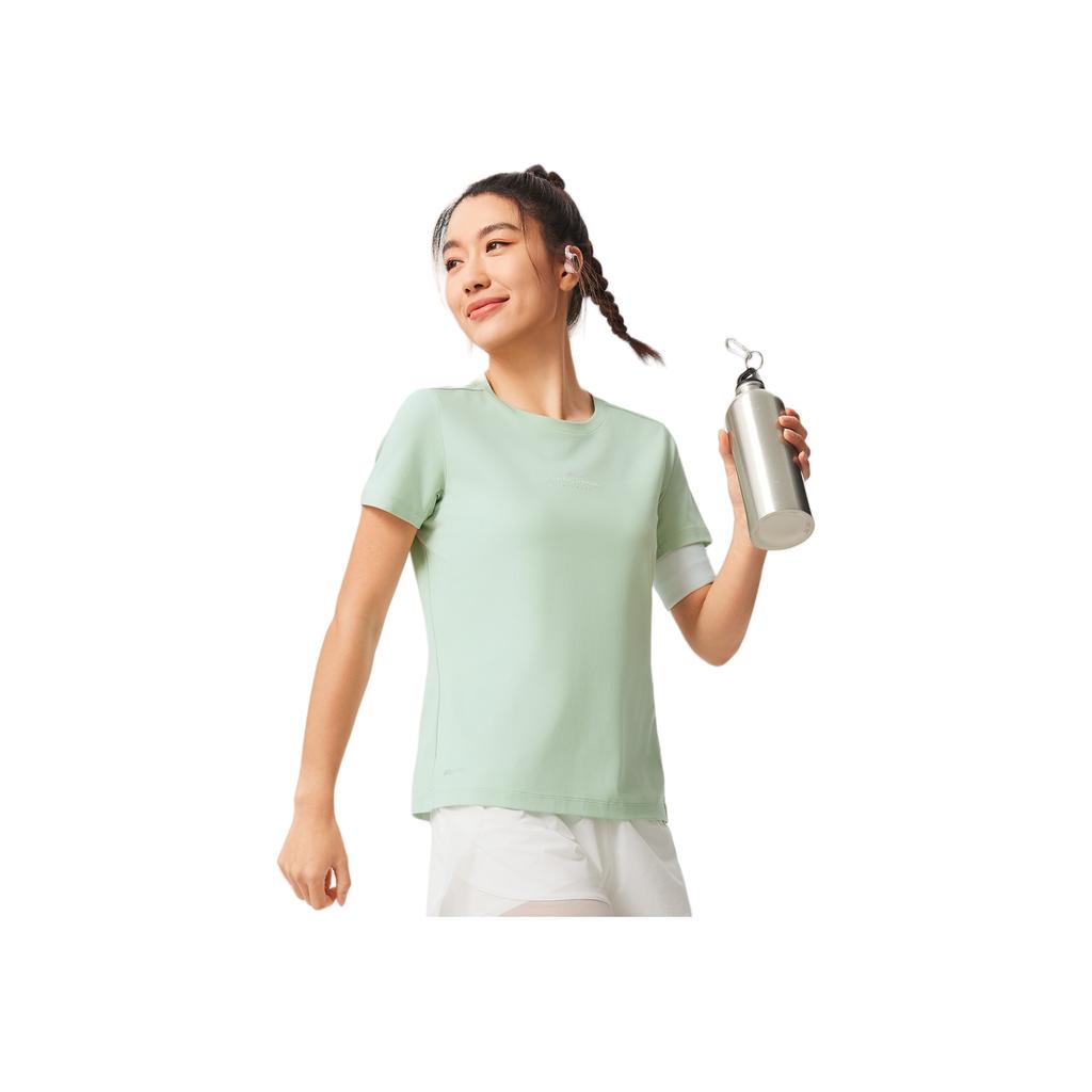 Li-Ning Fitness Series Sports Casual Simple Cool Air Cooling T-Shirt Round Neck Pullover Solid Color Short Sleeve Women Tops Sheep-Fat-Green ATSV346-3