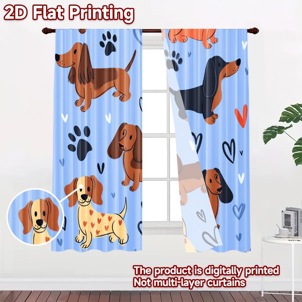 2D Flachdruck 2 Stück Vorhang Niedlicher Dackel Hund Digital Bedruckt Polyester Vorhänge Festliche Wanddekoration Verwendung für Festliche Porträts